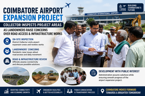 Coimbatore District Collector inspecting the airport expansion area alongside officials while interacting with landowners regarding road access concerns.
