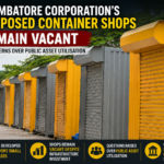 Repurposed container shops developed by the Coimbatore City Municipal Corporation remaining vacant despite infrastructure development.