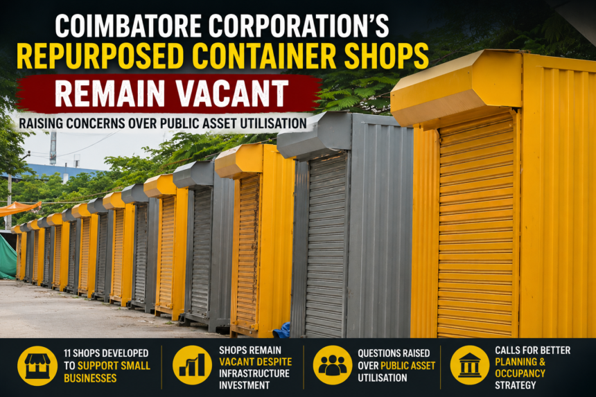 Repurposed container shops developed by the Coimbatore City Municipal Corporation remaining vacant despite infrastructure development.