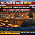 A symbolic image of a courtroom with a judge's gavel and legal documents, representing a Coimbatore court order concerning procedural accountability and government litigation.