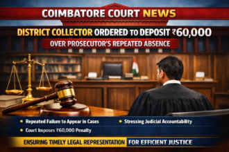 A symbolic image of a courtroom with a judge's gavel and legal documents, representing a Coimbatore court order concerning procedural accountability and government litigation.