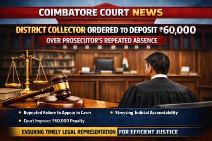 A symbolic image of a courtroom with a judge's gavel and legal documents, representing a Coimbatore court order concerning procedural accountability and government litigation.