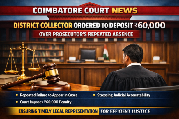 A symbolic image of a courtroom with a judge's gavel and legal documents, representing a Coimbatore court order concerning procedural accountability and government litigation.