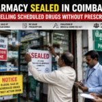 Drug Control Department officials sealing a pharmacy in Coimbatore after detecting the sale of scheduled medicines without valid prescriptions.