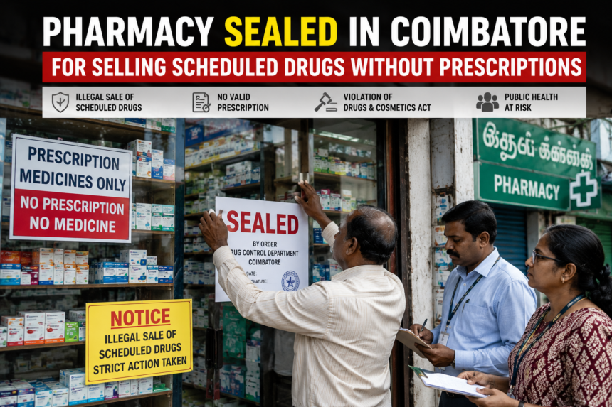 Drug Control Department officials sealing a pharmacy in Coimbatore after detecting the sale of scheduled medicines without valid prescriptions.