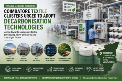 Modern textile processing facility in Coimbatore showcasing sustainable and energy-efficient technologies for reducing carbon emissions.