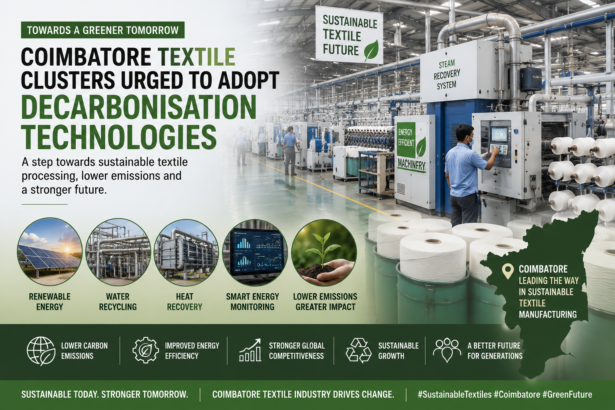 Modern textile processing facility in Coimbatore showcasing sustainable and energy-efficient technologies for reducing carbon emissions.