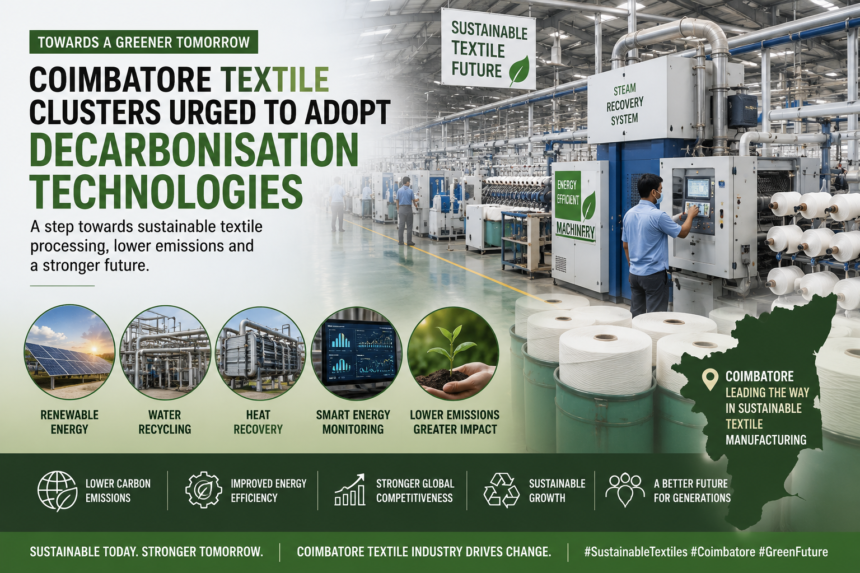 Modern textile processing facility in Coimbatore showcasing sustainable and energy-efficient technologies for reducing carbon emissions.