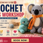Participants learning crochet techniques while creating handmade crochet toys during a creative workshop in Coimbatore.