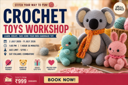 Participants learning crochet techniques while creating handmade crochet toys during a creative workshop in Coimbatore.
