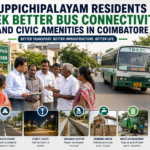 Residents of Kuppichipalayam interacting with officials while highlighting the need for improved bus connectivity and civic amenities in Coimbatore.