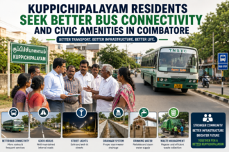 Residents of Kuppichipalayam interacting with officials while highlighting the need for improved bus connectivity and civic amenities in Coimbatore.