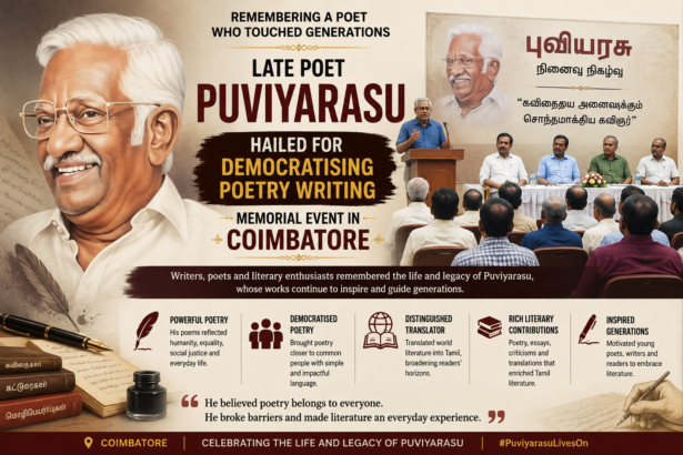 Writers and literary enthusiasts paying tribute to late Tamil poet Puviyarasu during a memorial event in Coimbatore.