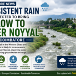 A scenic view of the River Noyyal flowing through Coimbatore with fresh monsoon water, surrounded by lush greenery and cloudy skies, highlighting improved water levels during the southwest monsoon.