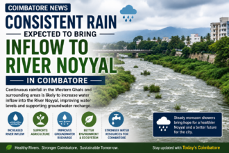 A scenic view of the River Noyyal flowing through Coimbatore with fresh monsoon water, surrounded by lush greenery and cloudy skies, highlighting improved water levels during the southwest monsoon.