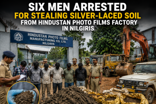 Police personnel investigating alleged silver-laced soil excavation inside the Hindustan Photo Films factory premises in the Nilgiris.