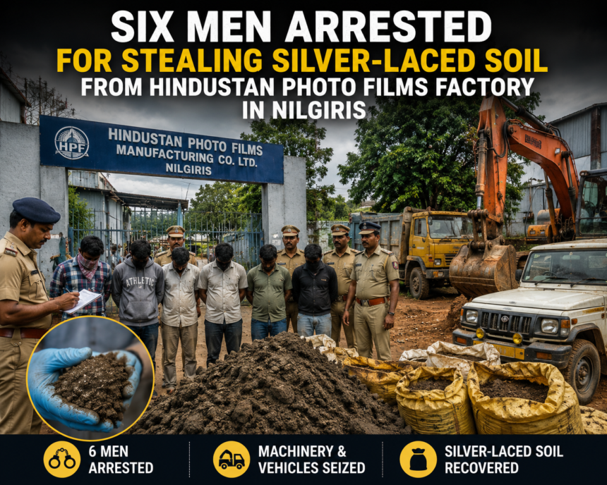 Police personnel investigating alleged silver-laced soil excavation inside the Hindustan Photo Films factory premises in the Nilgiris.