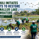 Volunteers and Siruthuli members carrying out restoration work at Singanallur Lake in Coimbatore to improve biodiversity and water quality.
