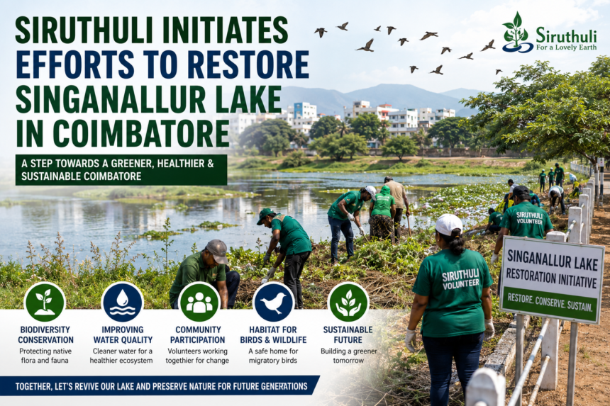 Volunteers and Siruthuli members carrying out restoration work at Singanallur Lake in Coimbatore to improve biodiversity and water quality.