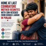 A heartwarming illustration of a mother embracing her son after he was rescued from alleged bonded labour and safely returned to Coimbatore.