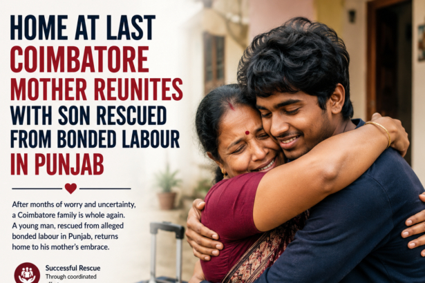 A heartwarming illustration of a mother embracing her son after he was rescued from alleged bonded labour and safely returned to Coimbatore.
