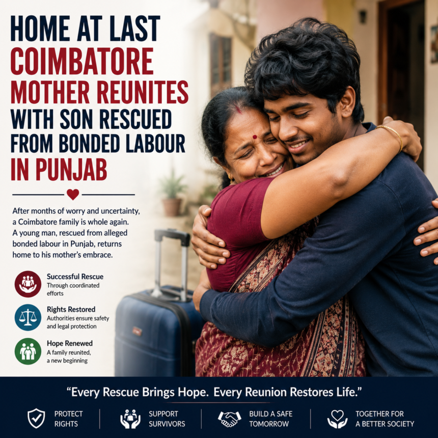 A heartwarming illustration of a mother embracing her son after he was rescued from alleged bonded labour and safely returned to Coimbatore.