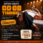 Comedian Karthik Kumar promoting his stand-up comedy special Good Timing Ji, scheduled in Coimbatore during August 2026.
