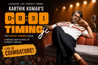 Comedian Karthik Kumar promoting his stand-up comedy special Good Timing Ji, scheduled in Coimbatore during August 2026.