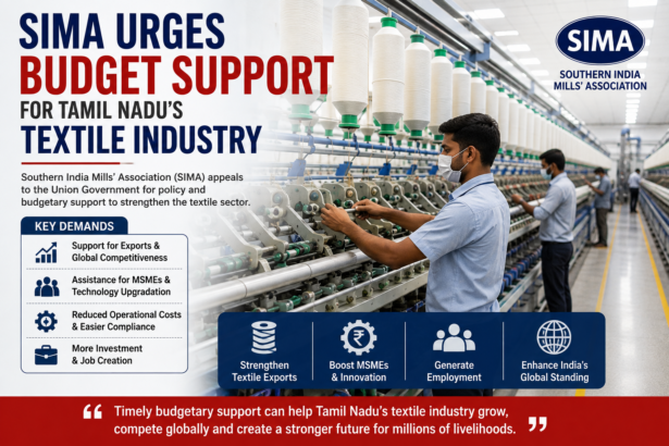 Textile workers operating spinning machines inside a modern textile mill in Coimbatore, representing Tamil Nadu's textile manufacturing industry.