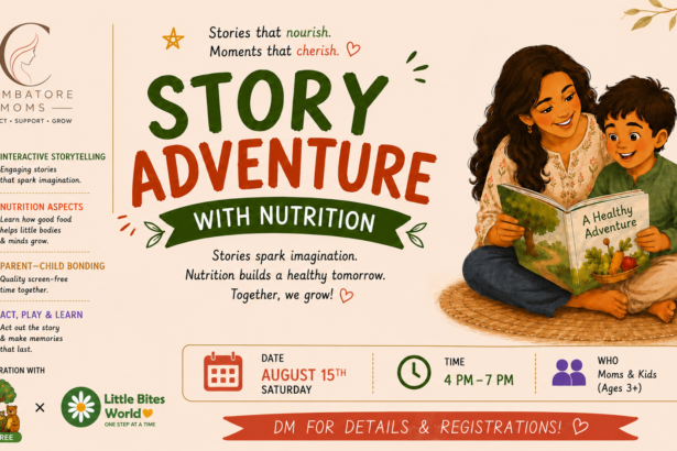 Story Adventure With Nutrition workshop poster by Coimbatore Moms for August 15