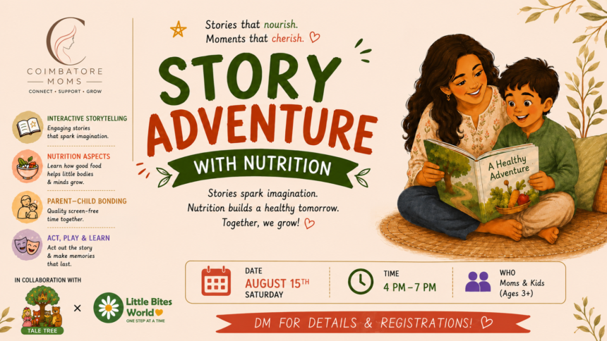 Story Adventure With Nutrition workshop poster by Coimbatore Moms for August 15