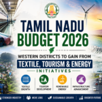 A visual representing Tamil Nadu Budget 2026 highlighting textile industries, tourism landmarks, renewable energy projects, and economic growth in Coimbatore and western districts.