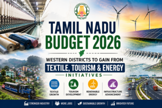 A visual representing Tamil Nadu Budget 2026 highlighting textile industries, tourism landmarks, renewable energy projects, and economic growth in Coimbatore and western districts.