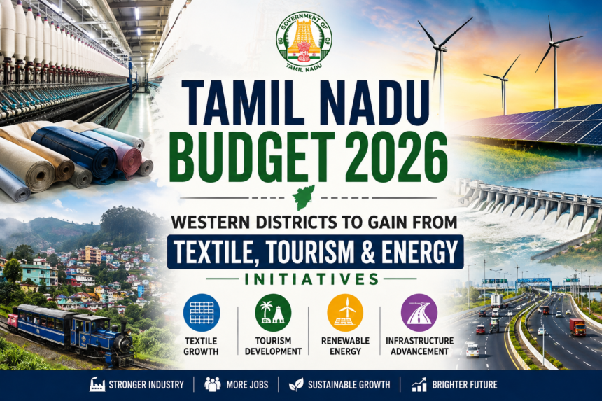 A visual representing Tamil Nadu Budget 2026 highlighting textile industries, tourism landmarks, renewable energy projects, and economic growth in Coimbatore and western districts.