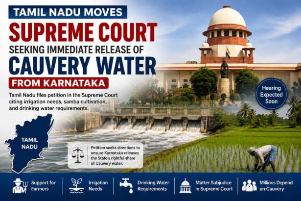 Flowing Cauvery River with agricultural fields in Tamil Nadu, representing the state's petition in the Supreme Court for water release.