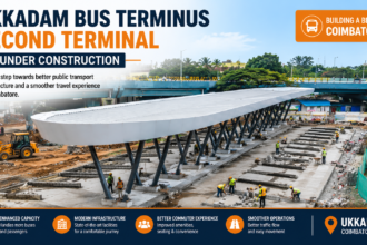 Ukkadam bus terminus second terminal under construction in Coimbatore with cranes and workers on site