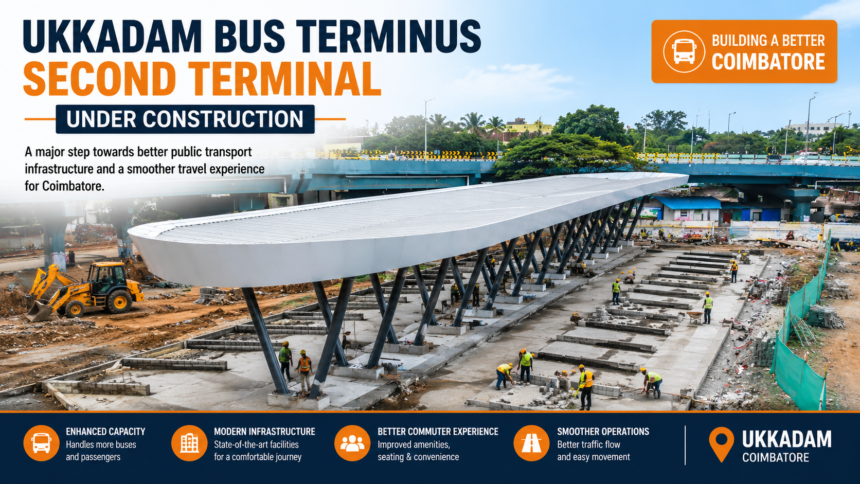 Ukkadam bus terminus second terminal under construction in Coimbatore with cranes and workers on site