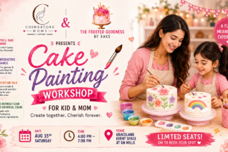 Moms and kids participating in a cake painting workshop in Coimbatore