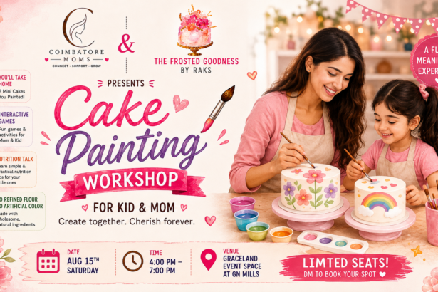 Moms and kids participating in a cake painting workshop in Coimbatore