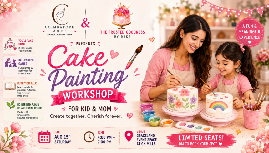 Moms and kids participating in a cake painting workshop in Coimbatore