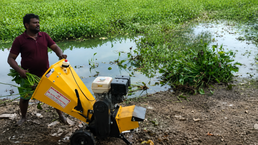 Man operating yellow shredder machine to convert water hyacinth into mulch at Sulur Big Tank Coimbatore