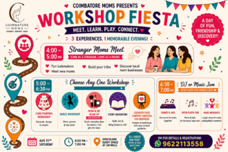 Coimbatore Moms Workshop Fiesta event poster for August 15 at Graceland Event Space