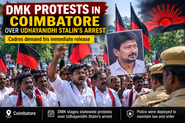 DMK members staging a peaceful protest in Coimbatore, holding party flags and banners over the arrest of Udhayanidhi Stalin.